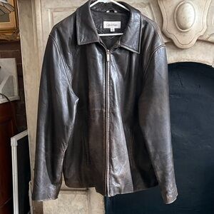 Calvin Klein Dark Brown Leather Bomber Jacket